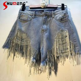 Women's Shorts Fashionable Ripped Rhinestone Tassel Chain High Waist Denim Women 2023 Summer Sexy Girl Slim Blue Booty