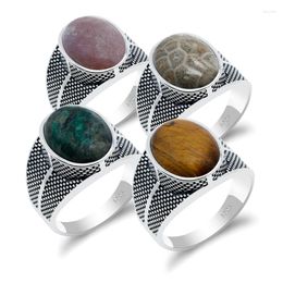 Cluster Rings 925 Sterling Silver Men Ring With Natural Coral/India Agate/Tiger Eye Stone Punk Thai For Male Turkish Fine Jewellery