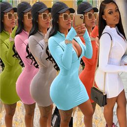 Plus Size Casual Zipper Design Mini Dress Mandarin Collar Long Sleeve V Neck Sheath Body-shaping Cleavage Female Vestidos