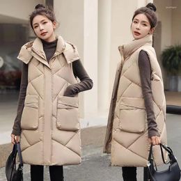 Women's Vests Autumn Winter Elegant Women Hooded Cotton Padded Vest Warm 2023 Female Sleeveless Jacket Solid Mid Long Coat Waistcoat