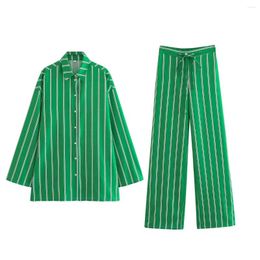 Women's Two Piece Pants Stripe Green Shirt And Trousers Womens 2 Set Pajama Style Blouse Outfits Matching Clothing Female 2023