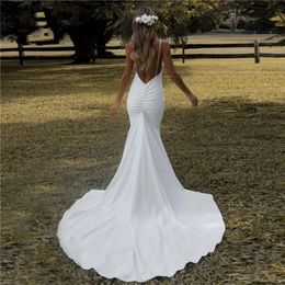 Simple Boho Wedding Dress Mermaid 2024 V-neck Spaghetti Straps Backless Crepe Bridal Gowns Sexy Summer Beach Vestidos De Novia