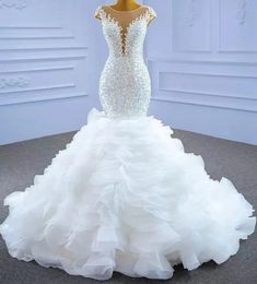 2024 Modest Beaded Mermaid Wedding Dress Embroidery Sequined Pearls Sweep Train Organza Bridal Gowns Formal Vestidos De Noiva