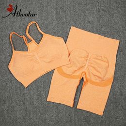 Yoga Outfits ATHVOTAR 2Pcs Women Sport Suit Gym Set Sexy Bra Seamless Shorts Workout Running Clothing Wear Athletic 230406