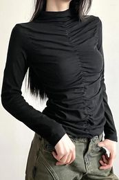 Women's T Shirts Korobov Black Half High Neck Y2k Tops Long Sleeve Base Shirt For Women Autumn Winter Pleats Design Slimming Harajuku