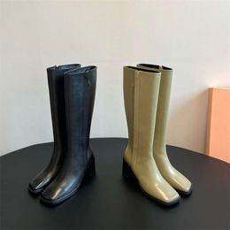 The Row version niche new high thick Top heeled short boots for women with simple side zipper high boots genuine leather square toe boots