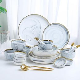 Marble Grey Ceramic Plates and Bowls Sets for 6/8/10 Dinner Plate Soup Bowl with Golden Rim Dinnerware Sets for Home