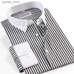 Men's Casual Shirts Men's Fashion Patchwork Collar Long Sleeve Striped Dress Shirt Without Pocket Comfortable Cotton Standard-fit Button-down Shirts Q231106