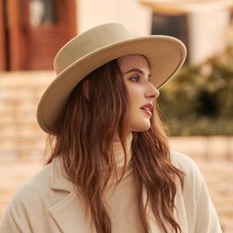 Stingy Brim Hats Wide Simple Top Hat Panama Solid Felt Fedoras With Leather Buckle Metal Decoration For Women Artificial Wool Jazz Cap