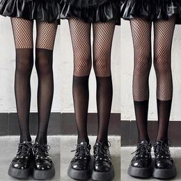 Women Socks Japanese Goth Tights Pantyhose Sexy Mesh Fishnet Stockings Over The Knee Striped Patchwork JK Lolita