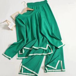 Women's Sleepwear Autumn Winter Women Pyjamas Set Temperament Hit Colour Open Round Neck Knit Shirt High Waist Wide Leg Pants Two-piece Home