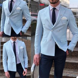 Men's Suits Blazers Summer men's jacket set blue lapel double breasted casual men's 1-piece set pocket smart casual street style tuxedo 230406