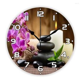 Wall Clocks Zen Basalt Stones And Bamboo Candle Round Clock Watch For Spa Massage Room Relax Treatment Meditation Art Home Decor