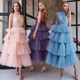 Romantic Halter A-Line Prom Dress 2024 Elegant Tired Tulle Formal Evening Dresses Sleeveless Tea-Length Gown Vestidos De Novia