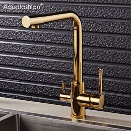 Kitchen Faucets Gold With Filtered Water Deck Mounted Drinking Mixer Tap Brass Faucet Filter 230406
