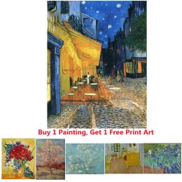 Handmade Vincent Van Gogh Canvas Oil Painting Cafe Terrace at Night, Pink Peach Tree Artwork for Living Room Wall Home Decor