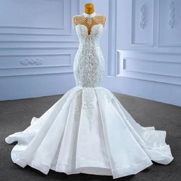 Modesto vestido de casamento de sereia com gola alta e borlas, sem mangas, cetim frisado, vestido de noiva árabe dubai 2024