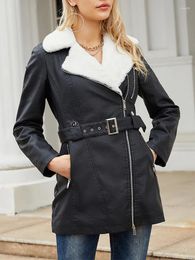 Women's Leather Autumn Winter Women Streetwear Faux Lamb Jacket Fashion Thick Warm Pu Coat With Belt Moto Biker Outwear