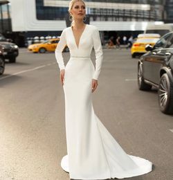 Classic Mermaid Satin Weddding Dress 2024 V Neck Backless Full Sleeve Floor Length Sequined Simple Bridal Gowns Vestidos De Novia Civil