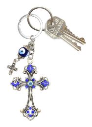 Keychains Lanyards L Lucky Evil Eye Car Hanging Ornament Keychain Sier Cross W/Blue Crystal Rhinestones Blue White Black Resin Eyes Be Amcdh