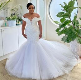 2024 Modest Beaded Mermaid Wedding Dress Off the Shoulder Heavy Beading Tulle Bridal Gowns Formal Vestidos De Noiva Robe Mariee