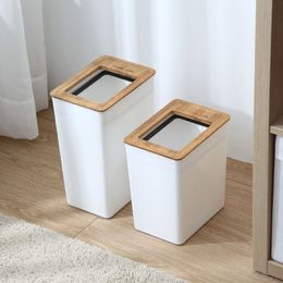 Waste Bins Iliving Nordic Style Simple Bamboo Lid Garbage Bin Plastic Office Kitchen Living Room Bathroom Creative Paper Basket 230406