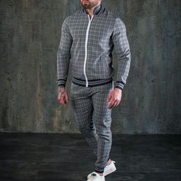 Men's Tracksuits Gentleman Plain Pattern Men's Track Set Casual Zipper Jacket Sportswear High Quality 3D Printing Fashion 2 Pieces Men's Wear 230406