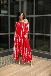 European and American Style Split Maxi Dress Fashionable Wide Neckline Printed Dress with Pockets AST78386