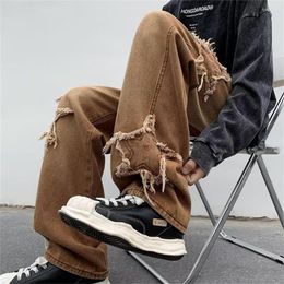 Men's Jeans Fashion Stars Towel Embroidery Brown Baggy Men Pants Y2K Clothes Straight Hip Hop Cotton Trousers