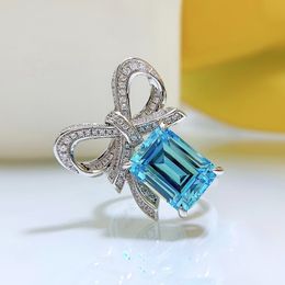 Charm Bowknot Aquamarine Diamond Ring 100% Real 925 Sterling Silver Party Wedding Band Rings for Women Bridal Engagement Jewellery