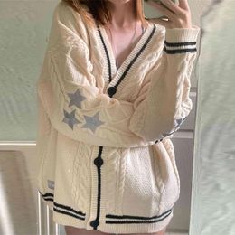 Women's Knits Fashion Warm SwifT Beige Knitted Cardigan Vintage Star Embroidered Single Breasted Sweater Ladies Casual Slight Strech