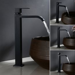 Bathroom Sink Faucets Matt Black Basin Faucet Stainless Steel Waterfall Tall Vessel Tap Single Cold Water Deck Mount Lavotory 230406