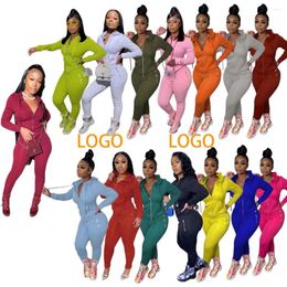 Women's Two Piece Pants Custom LOGO Slim Women Sweatsuit Set Tracksuit Zip Up Fall Jogging Hoodie Solid Joggers