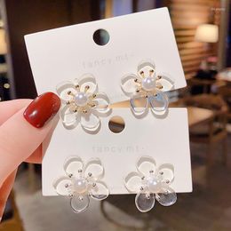 Stud Earrings Korean Style Transparent Acrylic Flower For Women Fashion Pearl Stamen Party Jewelry Pendientes Wholesale C020
