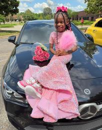Abiti da ragazza di fiore con paillettes rosa in rilievo 2024 Per bambini scintillanti dolci Sneaker Ball Prom Abito di compleanno per ragazza nera
