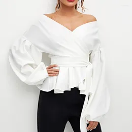 Women's Blouses Woman Clothing Elegant Off Shoulder White Shirt Ruffled Lantern Sleeve Vintage Blouse Fashion Tops Strap Bow Stylish