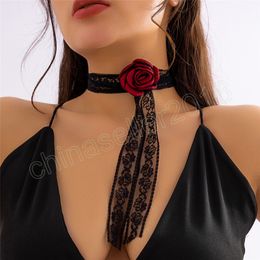 Red Rose Flower Choker Necklace Women Wed Vintage Elegant Adjustable Bowknot Lace Clavicle Chain Y2K Accessories