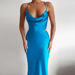 Casual Dresses Sexy Satin Maxi Dress Women Spaghetti Strap Solid Color V Neck Sleeveless Side Waist Cut-Out Lace-Up Backless Tight Long