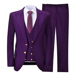 Men's Suits Blazers Customised Blue Purple Men's Wedding Dress Set Fashion Jacket Trousers Slim Fit Business Office Dress Formal 3Pcs Jacket Trousers Tank Top 230406