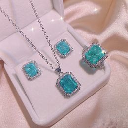 Square Paraiba Tourmaline Jewellery set 925 Sterling Silver Wedding Rings Earrings Necklace For Women Bridal Engagement Jewellery