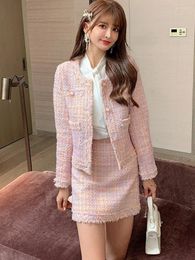 Work Dresses Autumn Winter Gentle Pink Tweed Causal Women's Short Jacket Coat Tassel High Waist Skirt Two Piece Set Suit