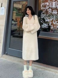 Casual Dresses Deeptown Korean Style White Midi Dress Women Y2k Fairycore One Piece Long Sleeve Vintage V-neck Loose Vestidos Winter