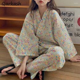 Women's Sleepwear Pajama Sets Women Floral Japanese Style Girl Autumn Bagge Aesthetic Temper Harajuku All-match V-neck Home Cozy Daily