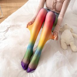 Women Socks Personal Sexy Women's Rainbow Stockings Thin Striped Splicing Gradient Colours Tight Pantyhose Kawaii Lolita