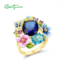 Cluster Rings SANTUZZA Authentic 925 Sterling Silver For Women Colorful Enamel Flower Blue Stone Ring Gorgeous Fashion Fine Jewelry