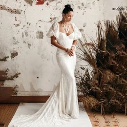 Princess Boho Wedding Dress Women Gorgeous Puff Sleeves Lace Appliques Pleats Mermaid Bridal Gown Sweep Train 328 328