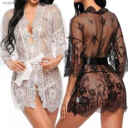 Sexy Set Ladies Sexy Lace Pajamas Evening Dress Sexy Lingerie Transparent Mesh Robe Underwear Solid Color Lace Bathrobe Dress Sex Clothes T231106