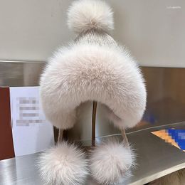 Berets Winter Genuine Fur Trimmed Hat Wool Thick Cap For Women Earflap Russian Furry Bomber Hats