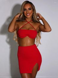 Work Dresses Sexy Summer Fashion Outfits Crop Top And Skirt Set Women 2023 Halter 2 Two Piece Split Mini Bodycon Club Female Suits