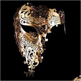 Party Masks Fashion Cosplay Halloween Mask Black Sier Rhinestone Phantom Metal Filigree Venetian Gold Red Half Face Drop Delivery Ho Dhg1B